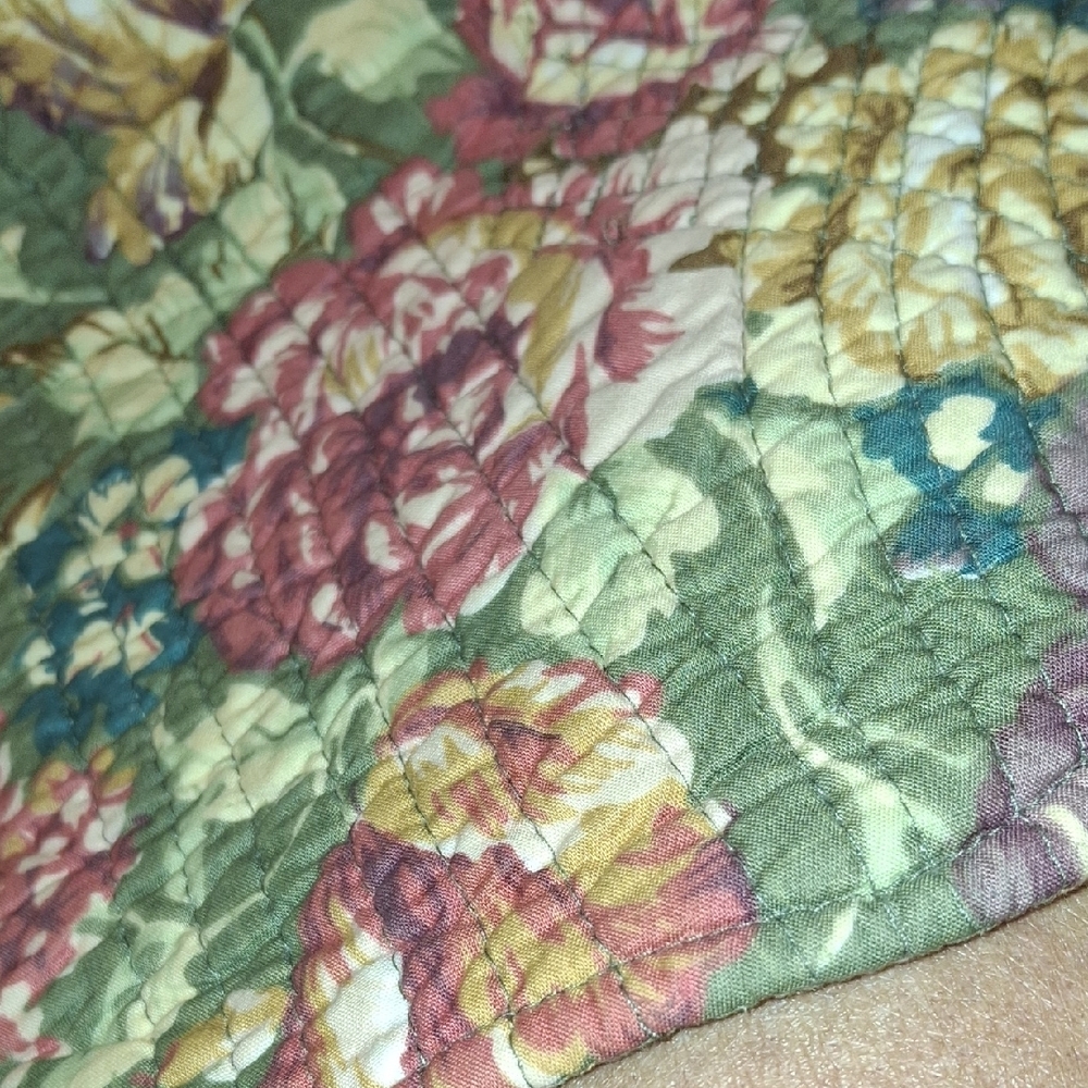Quilted Shams - Ralph Lauren Olive Green Quilted Pillow with Pink Floral Motif - Picture 3 of 5